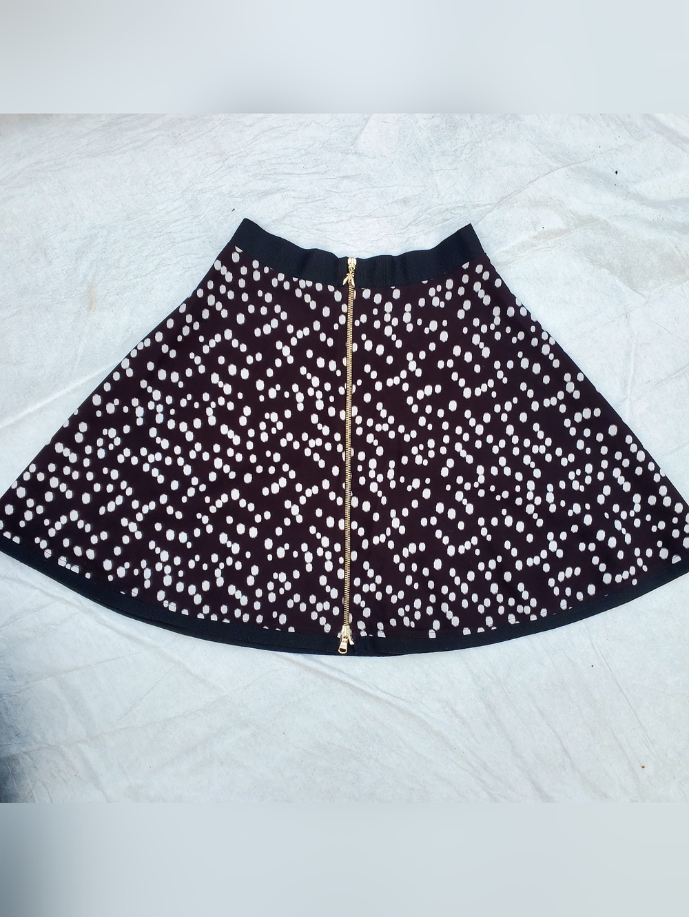 3/$100 Patrizia Pepe Black Skater Skirt with White Dot Print and Gold Zip Detail